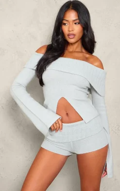 Online PrettyLittleThing Tall Textured Knit Cut Out Foldover Bardot Top Grey