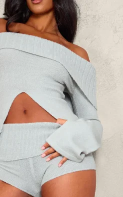 Online PrettyLittleThing Tall Textured Knit Cut Out Foldover Bardot Top Grey