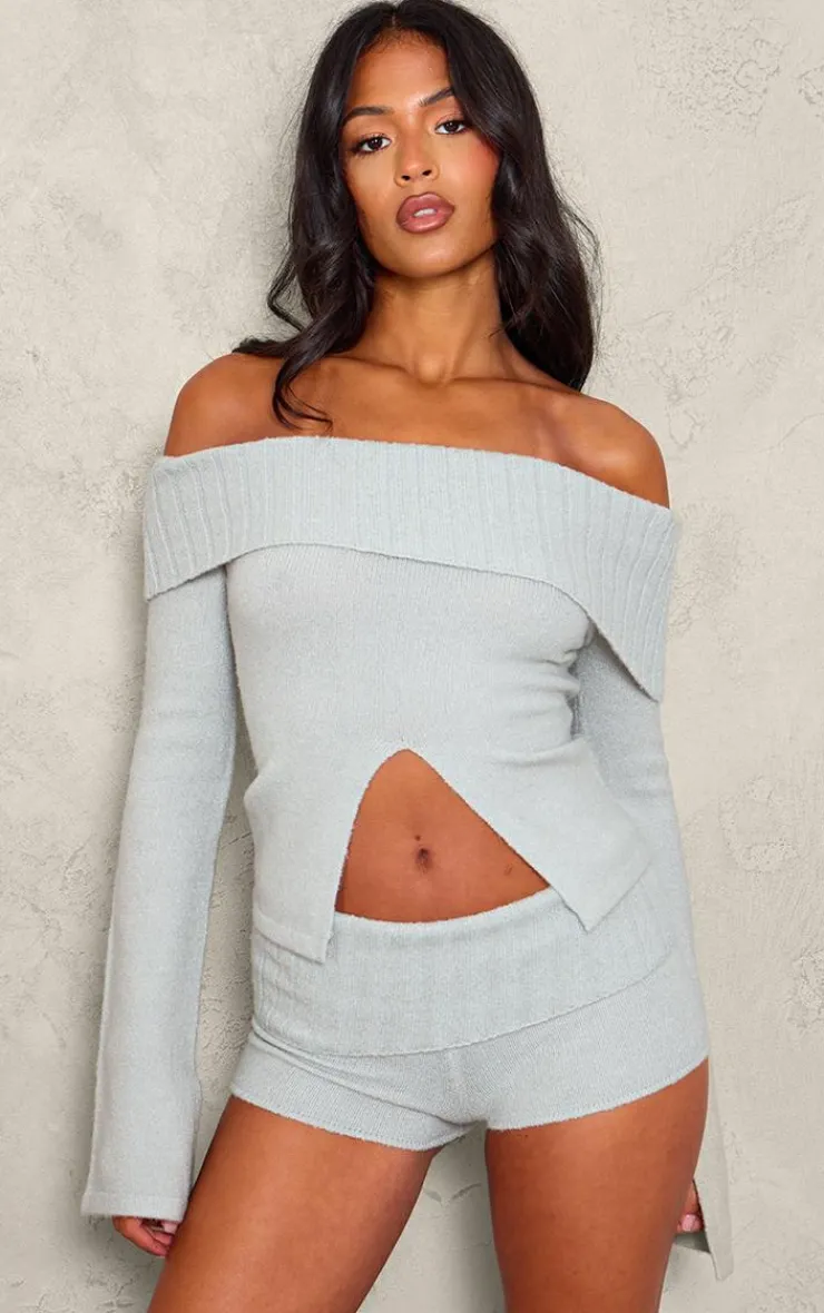 Sale PrettyLittleThing Tall Grey Textured Knit Foldover Shorts Charcoal