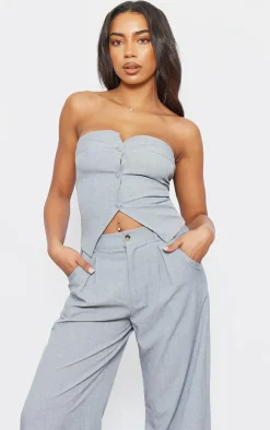Outlet PrettyLittleThing Tall Woven Bandeau Button Up Top Grey