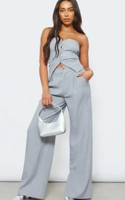 Outlet PrettyLittleThing Tall Woven Bandeau Button Up Top Grey
