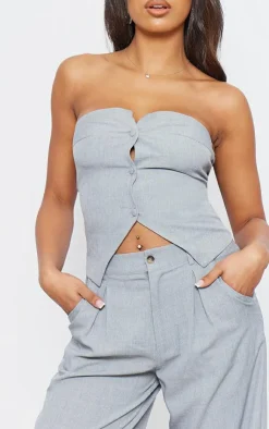 Outlet PrettyLittleThing Tall Woven Bandeau Button Up Top Grey