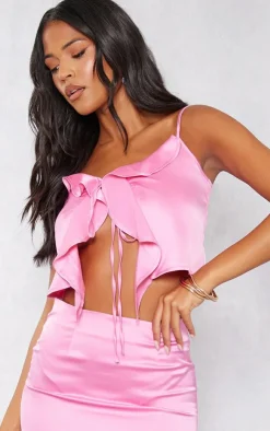 PrettyLittleThing Tall Satin Frill Detail Cami Top Hot Pink