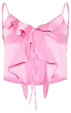 PrettyLittleThing Tall Satin Frill Detail Cami Top Hot Pink