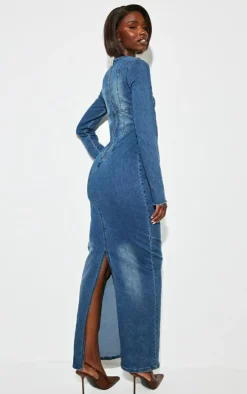 Tall Long Sleeve Bodycon Denim Dress-PrettyLittleThing Discount