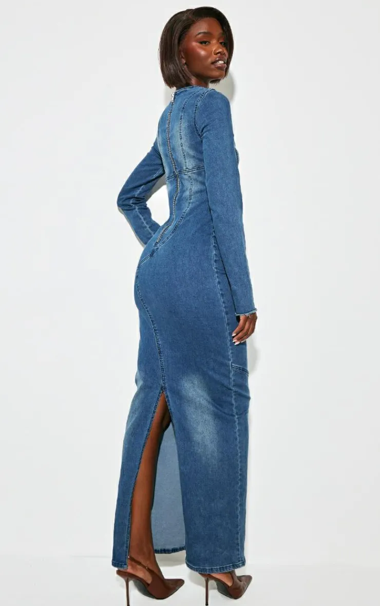 Tall Long Sleeve Bodycon Denim Dress-PrettyLittleThing Discount