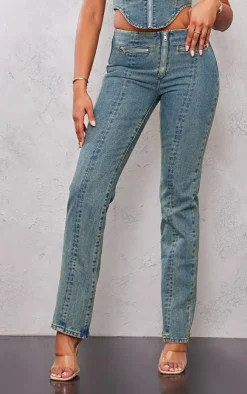 New PrettyLittleThing Tall Zip Detail Mid Rise Straight Leg Jeans Indigo Vintage Wash