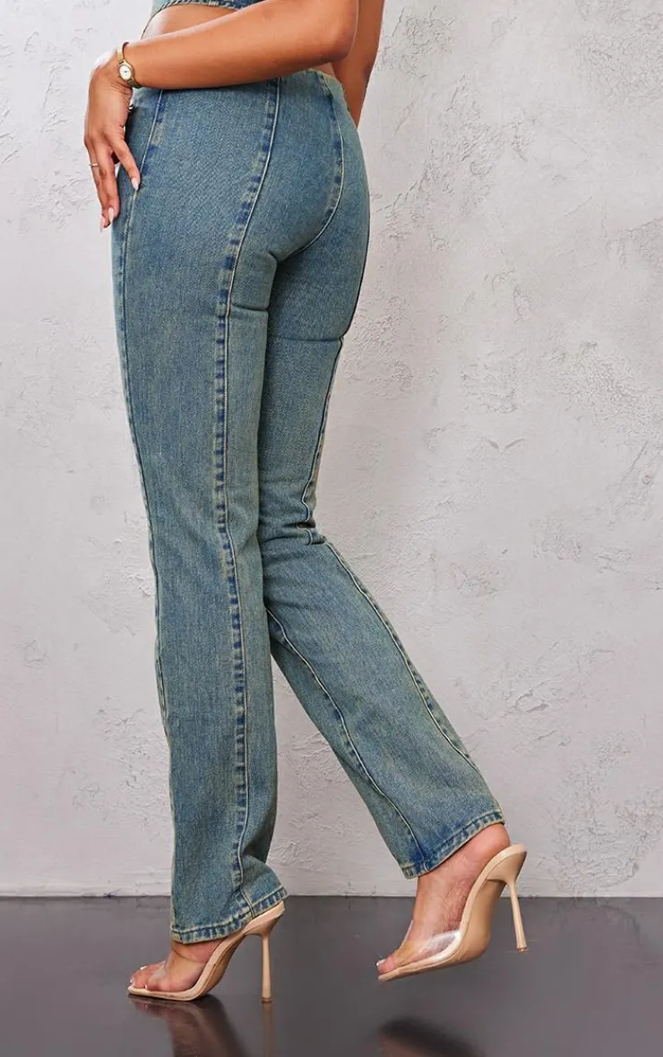 New PrettyLittleThing Tall Zip Detail Mid Rise Straight Leg Jeans Indigo Vintage Wash