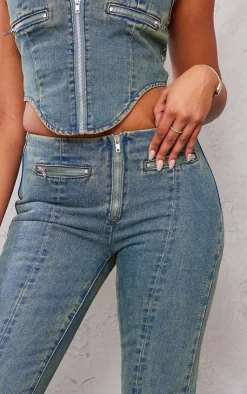 New PrettyLittleThing Tall Zip Detail Mid Rise Straight Leg Jeans Indigo Vintage Wash