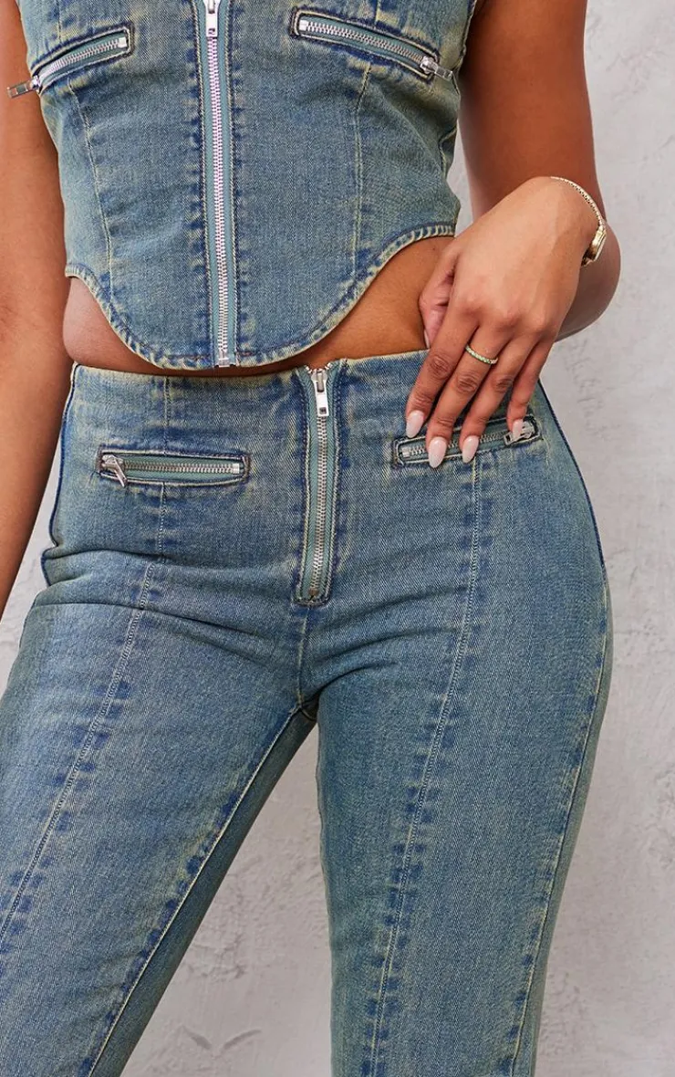 New PrettyLittleThing Tall Zip Detail Mid Rise Straight Leg Jeans Indigo Vintage Wash