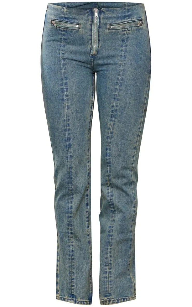 New PrettyLittleThing Tall Zip Detail Mid Rise Straight Leg Jeans Indigo Vintage Wash