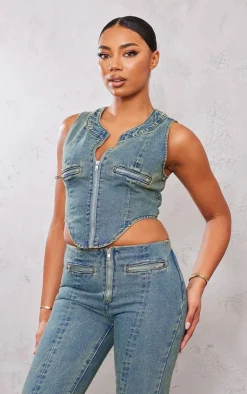 Best PrettyLittleThing Tall Zip Detail Denim Corset Top Indigo Vintage Wash
