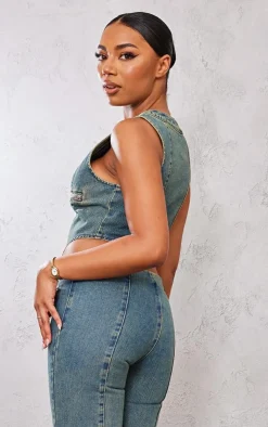 Best PrettyLittleThing Tall Zip Detail Denim Corset Top Indigo Vintage Wash