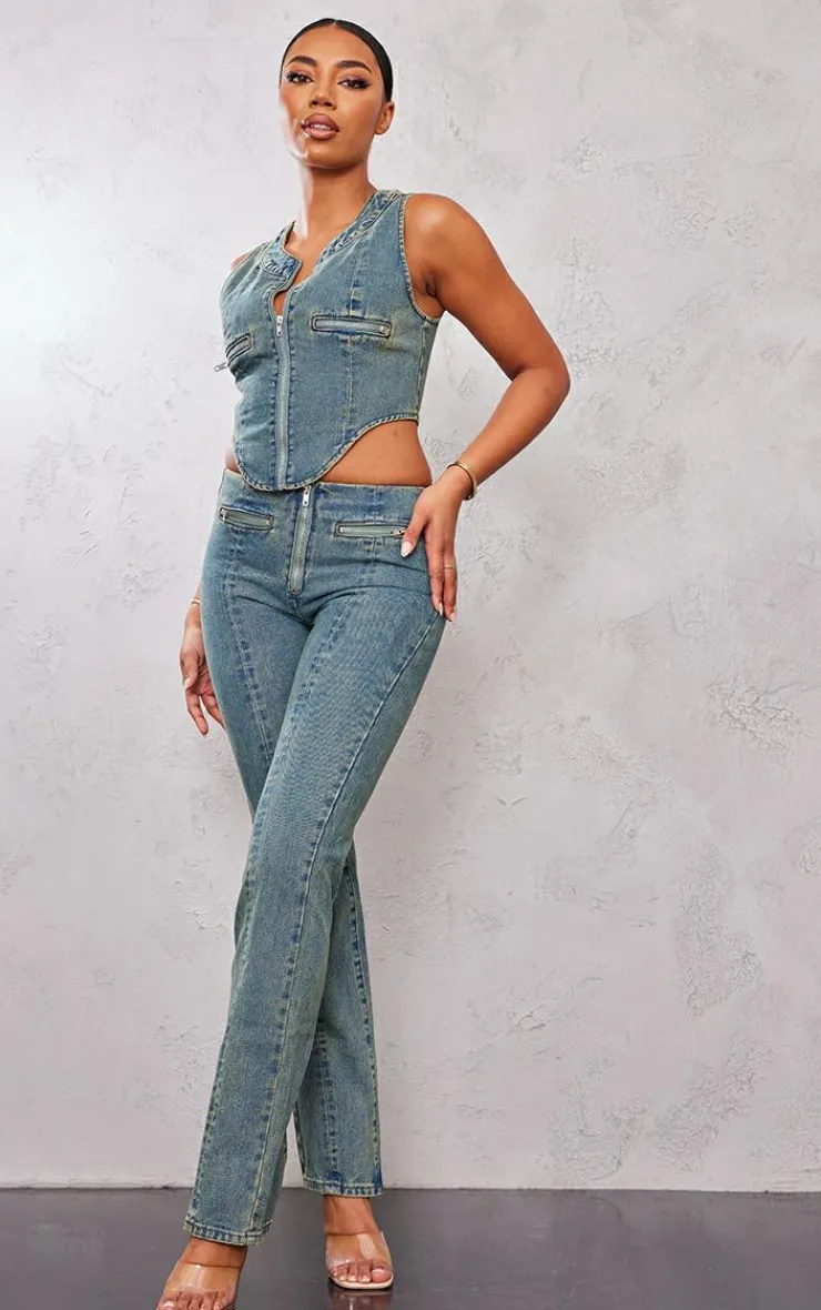 Best PrettyLittleThing Tall Zip Detail Denim Corset Top Indigo Vintage Wash