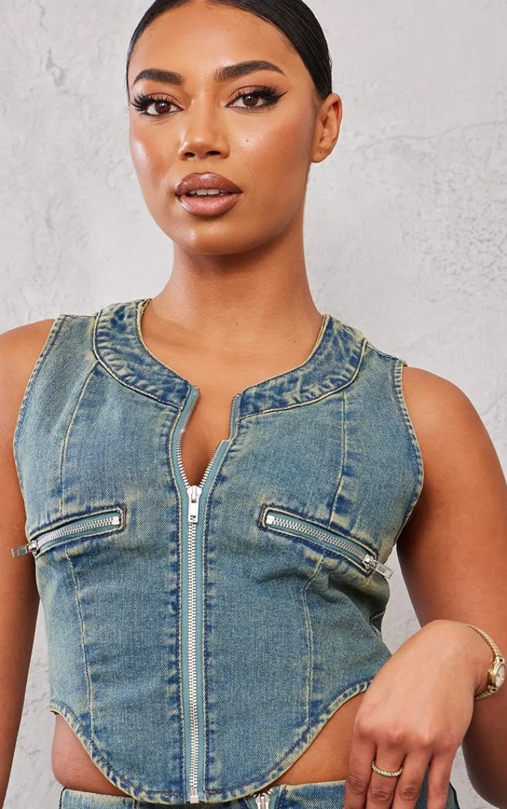 Best PrettyLittleThing Tall Zip Detail Denim Corset Top Indigo Vintage Wash