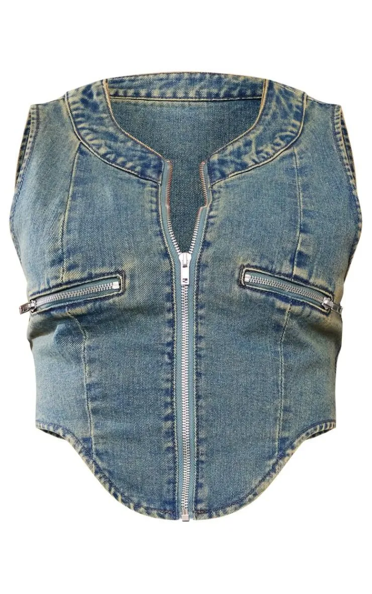 Best PrettyLittleThing Tall Zip Detail Denim Corset Top Indigo Vintage Wash