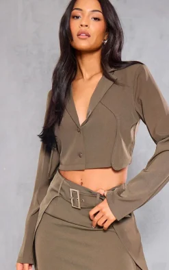 New PrettyLittleThing Tall Cropped Button Up Blazer Khaki