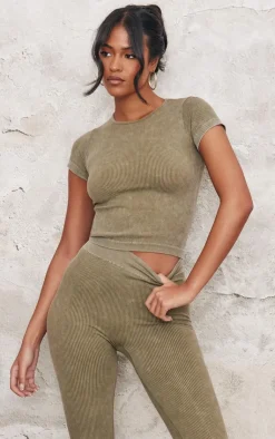 Outlet PrettyLittleThing Tall Faded Snatched Rib Longline Short Sleeve T-shirt Khaki