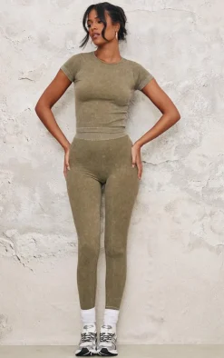 Outlet PrettyLittleThing Tall Faded Snatched Rib Longline Short Sleeve T-shirt Khaki