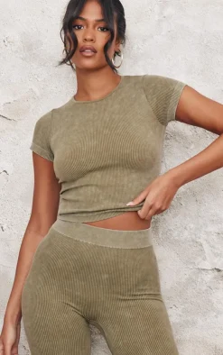 Outlet PrettyLittleThing Tall Faded Snatched Rib Longline Short Sleeve T-shirt Khaki