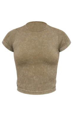 Outlet PrettyLittleThing Tall Faded Snatched Rib Longline Short Sleeve T-shirt Khaki