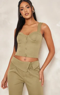 Sale PrettyLittleThing Tall Smart Button Up Corset Top Khaki