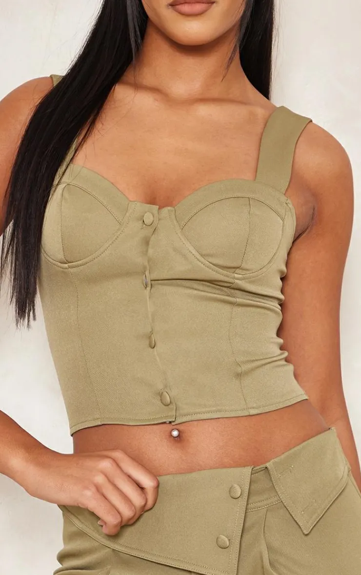 Sale PrettyLittleThing Tall Smart Button Up Corset Top Khaki