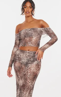 New PrettyLittleThing Tall Crushed Lace Bardot Top Leopard