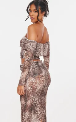New PrettyLittleThing Tall Crushed Lace Bardot Top Leopard
