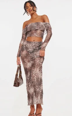 New PrettyLittleThing Tall Crushed Lace Bardot Top Leopard