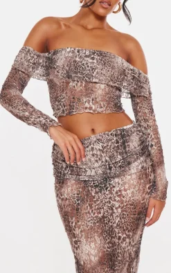 New PrettyLittleThing Tall Crushed Lace Bardot Top Leopard