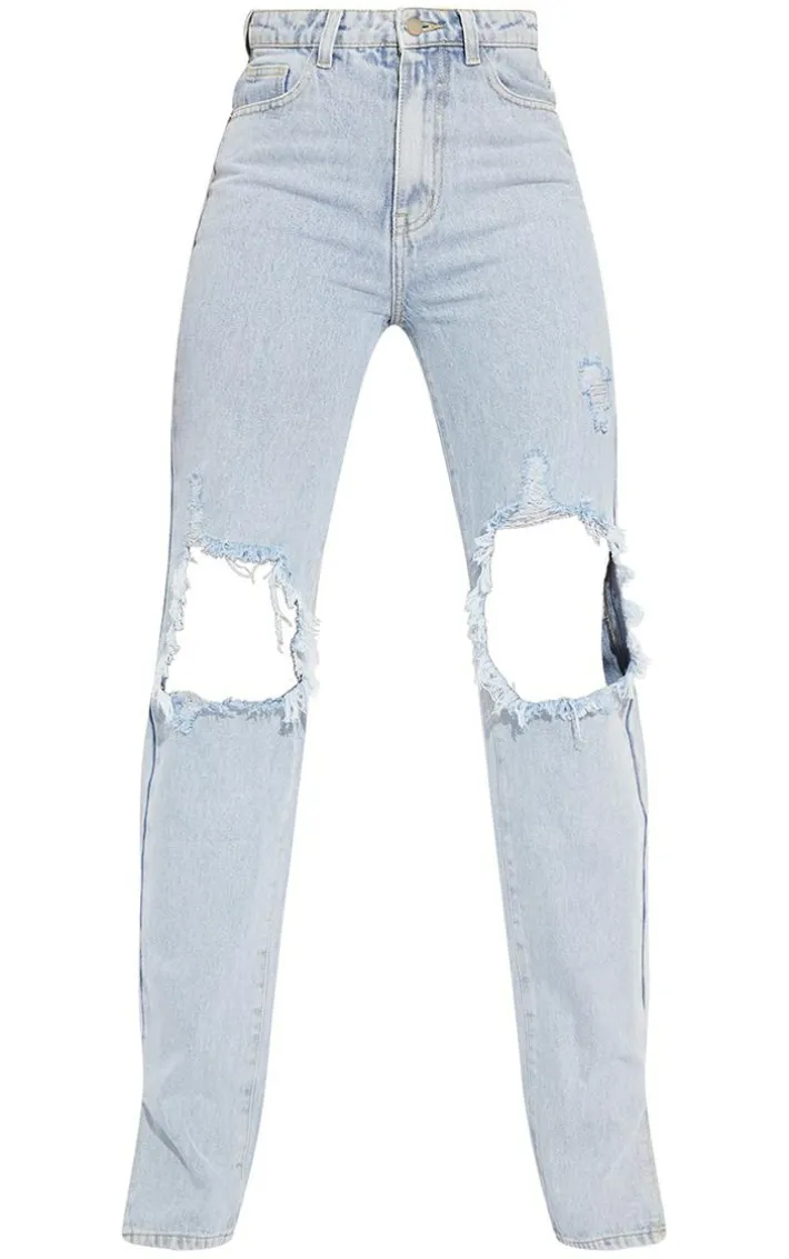 Tall Light Blue Ripped Knee Split Hem Denim Jeans