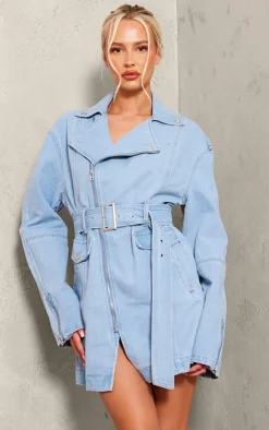 Tall Denim Long Sleeve Belted Biker Dress-PrettyLittleThing Discount