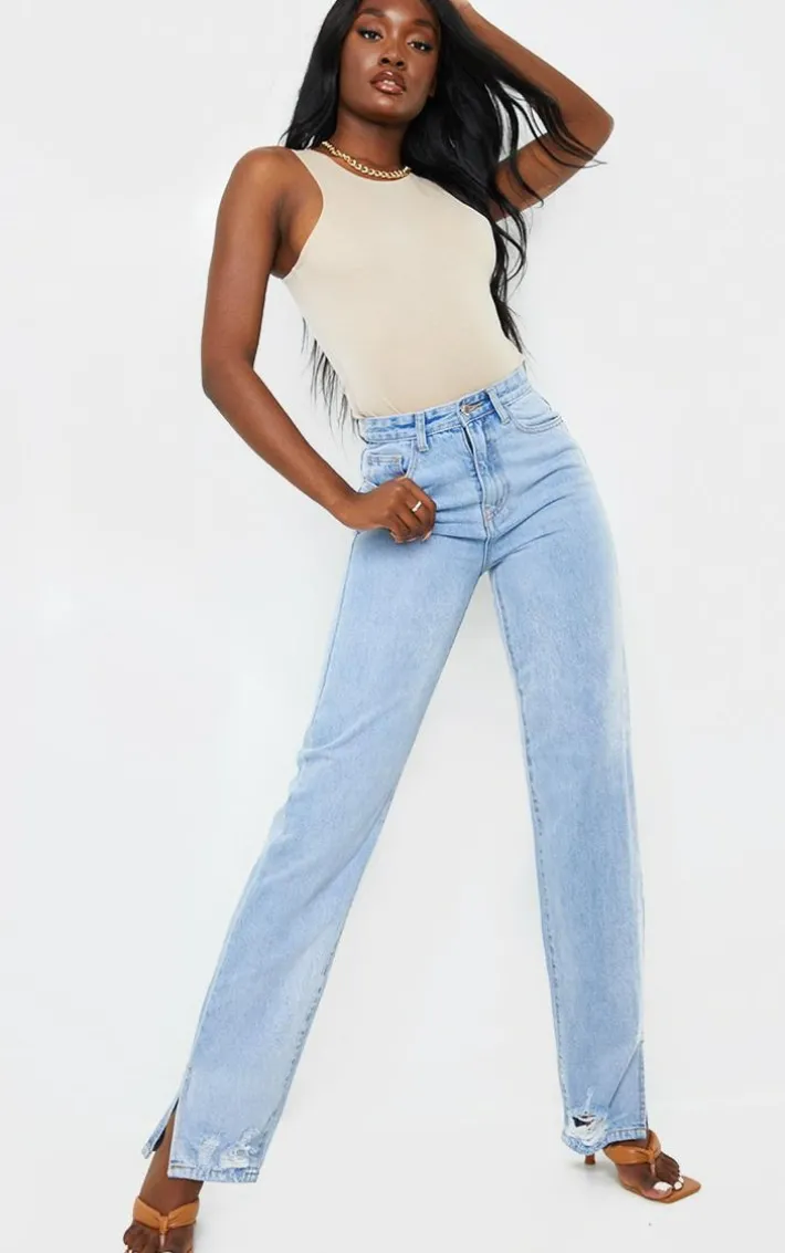 Tall Light Blue Wash Ripped Detail Split Hem Straight Leg Jeans