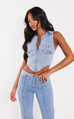PrettyLittleThing Corsets*Tall Zip Detail Denim Corset Top