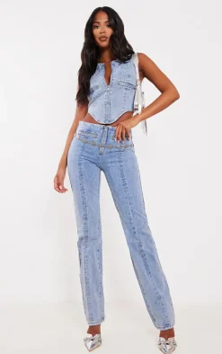PrettyLittleThing Corsets*Tall Zip Detail Denim Corset Top