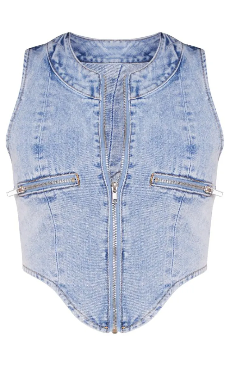 PrettyLittleThing Corsets*Tall Zip Detail Denim Corset Top