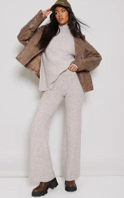 Best PrettyLittleThing Tall Light Luxe Rib Knit Wide Leg Pants Brown