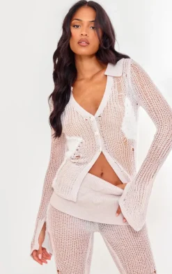PrettyLittleThing Tall Open Fluffy Knit Detail Cardigan Light Grey