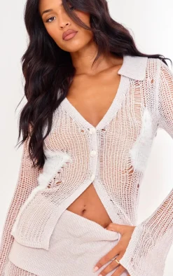 PrettyLittleThing Tall Open Fluffy Knit Detail Cardigan Light Grey