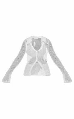 PrettyLittleThing Tall Open Fluffy Knit Detail Cardigan Light Grey