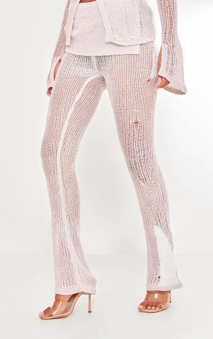 Hot PrettyLittleThing Tall Open Fluffy Knit Detail Pants Light Grey