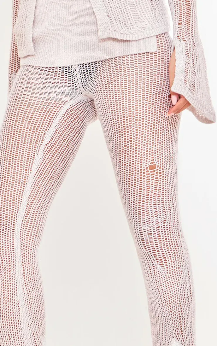 Hot PrettyLittleThing Tall Open Fluffy Knit Detail Pants Light Grey