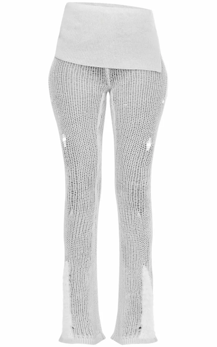 Hot PrettyLittleThing Tall Open Fluffy Knit Detail Pants Light Grey