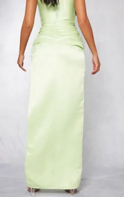 Sale PrettyLittleThing Tall Ruched Satin Maxi Skirt With Split Detail Lime