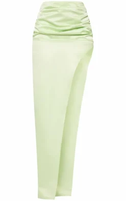 Sale PrettyLittleThing Tall Ruched Satin Maxi Skirt With Split Detail Lime