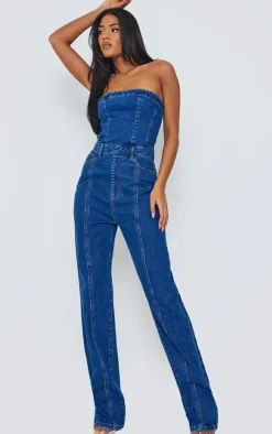 PrettyLittleThing Christmas Party Outfits*Tall Bandeau Straight Leg Denim Jumpsuit