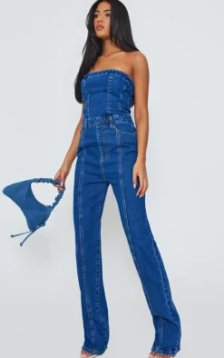 PrettyLittleThing Christmas Party Outfits*Tall Bandeau Straight Leg Denim Jumpsuit