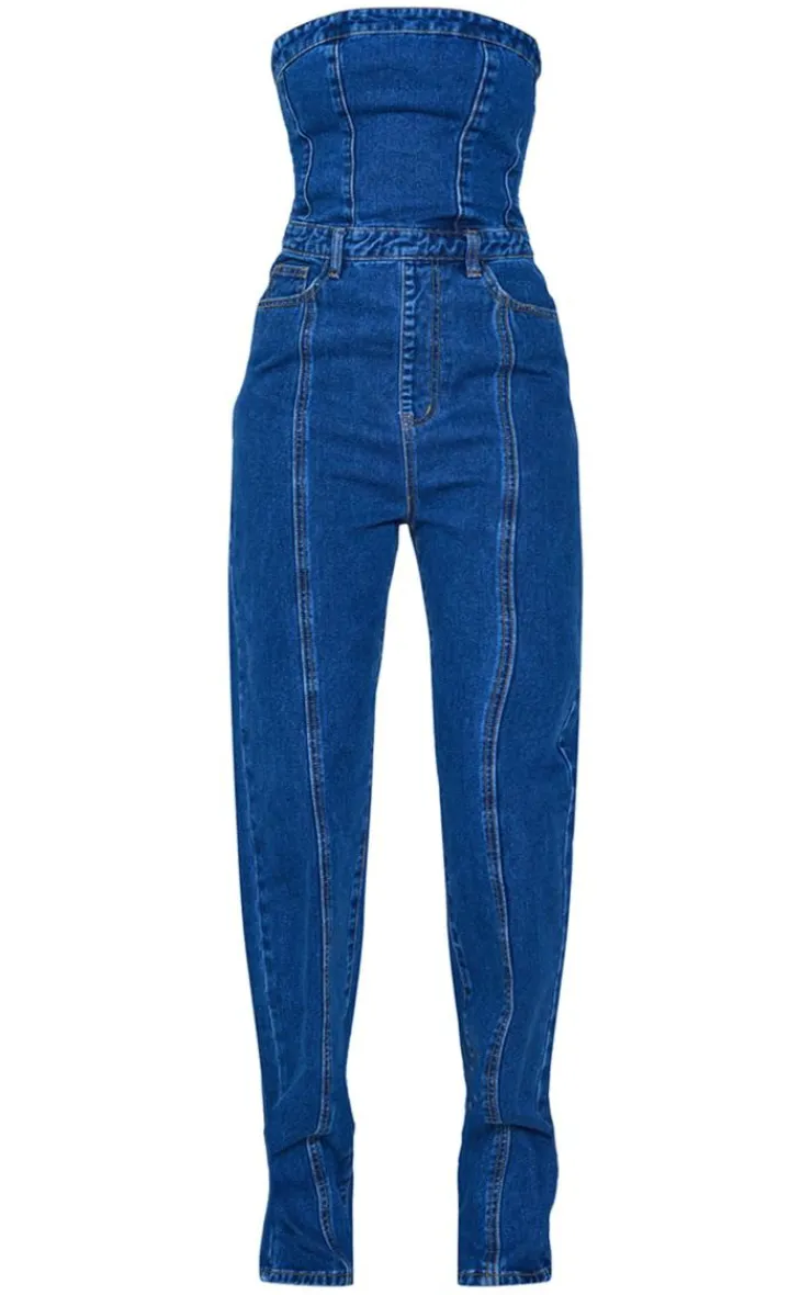 PrettyLittleThing Christmas Party Outfits*Tall Bandeau Straight Leg Denim Jumpsuit