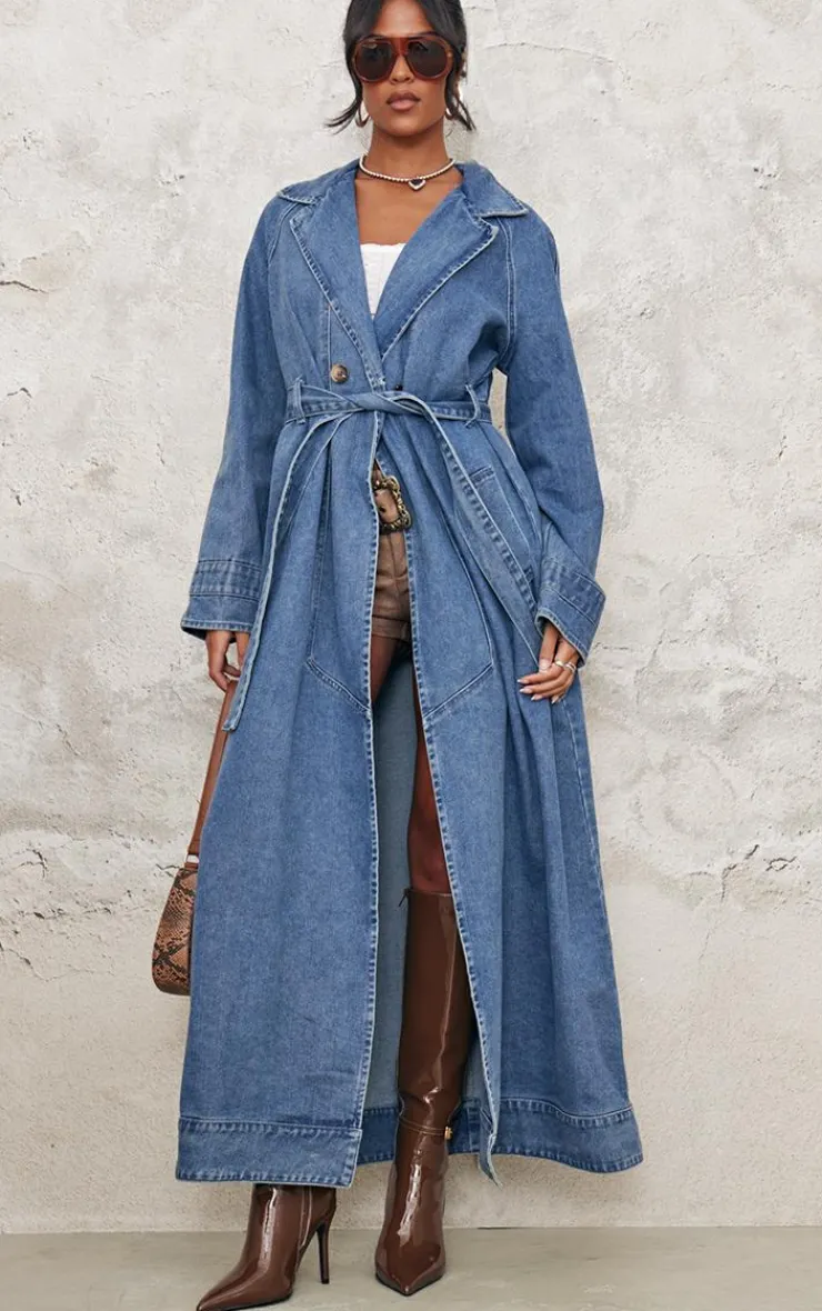 PrettyLittleThing Trench Coats*Tall Belt Detail Denim Trench Coat